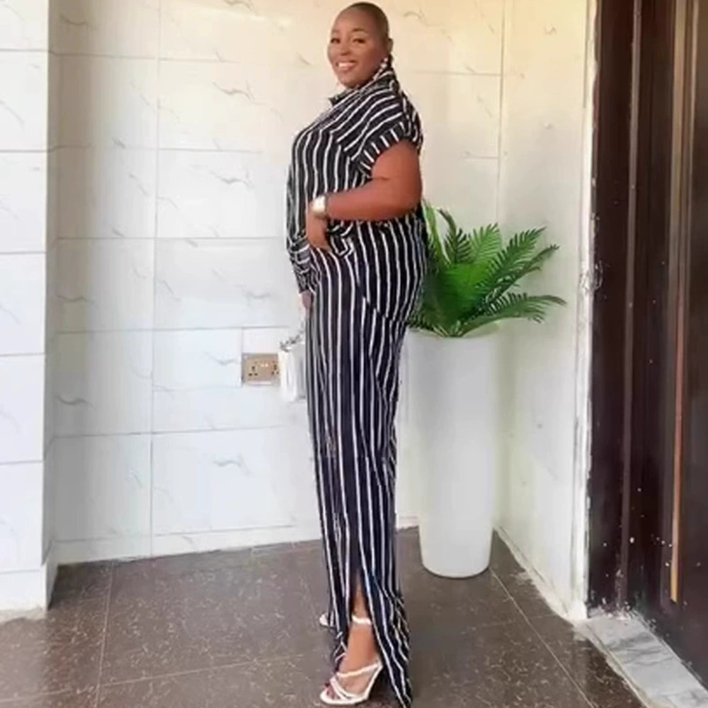ZARA Casual Plus Size 2 Piece Set Short Sleeve Striped Shirt and Split Hem Pants